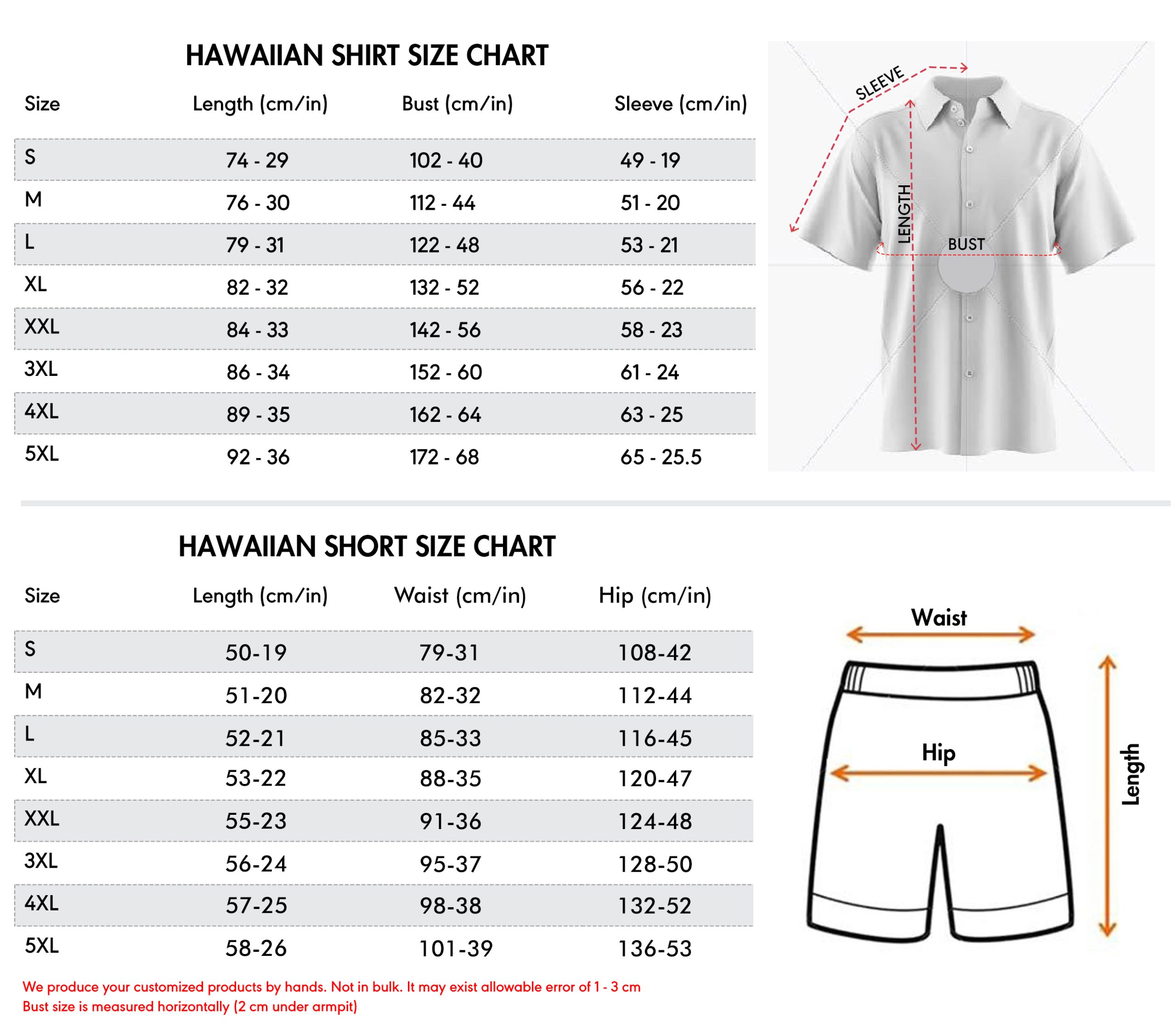 Hawaiian Set Size Chart